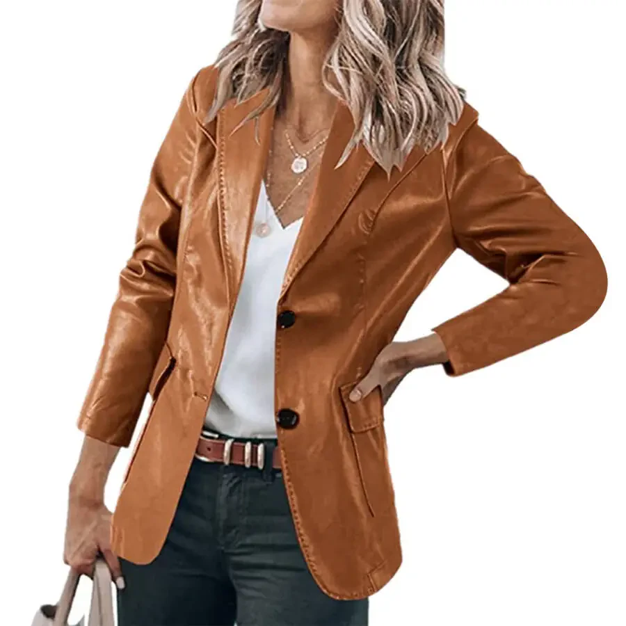 Dezsed Women's Faux Leather Blazer Jacket Clearance Women's Fashion Casual Lapel Collar Button Pocket Temperament Motorcycle Jacket Leather Jacket Coat Brown M - 8