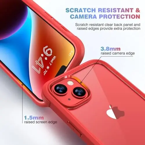 Diaclara Чехол для iPhone 14, 6,1 дюйма, усовершенствованный прочный прозрачный бампер во весь корпус со встроенной защитной пленкой для конфиденциальности для iPhone 14, красный - 6