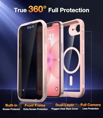 Diaclara Чехол с магнитом для iPhone 17e и iPhone 16e, 6,1 дюйма, цельный бампер [совместим с MagSafe], армейский чехол с защитой от падений и встроенным защитным экраном с функцией конфиденциальности, магнитно-розовый (конфиденциальность) - 4