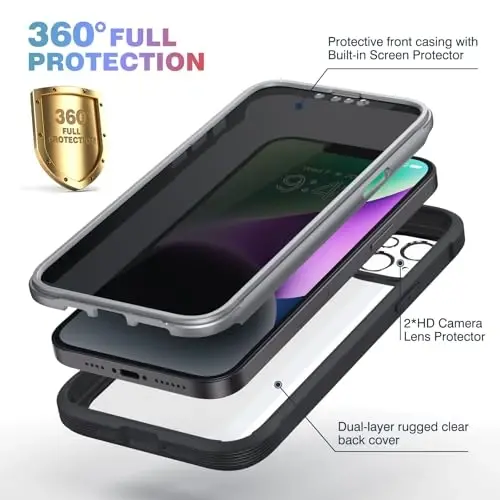 Diaclara Designed for iPhone 14 Case 6.1 Inch,Upgraded Full Body Rugged Clear Bumper Case with Built-in Privacy Screen Protector for iPhone 14,Black - 4