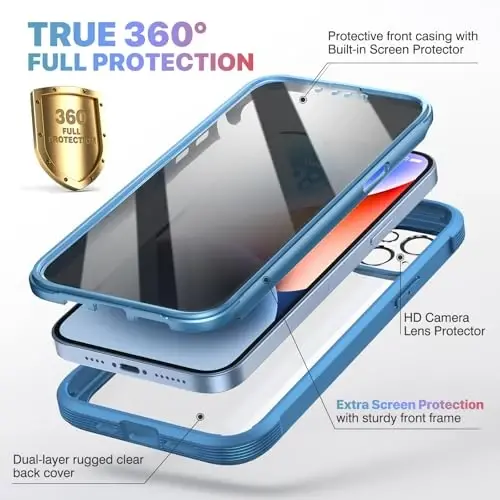 Diaclara Designed for iPhone 14 Case 6.1 Inch,Upgraded Full Body Rugged Clear Bumper Case with Built-in Privacy Screen Protector for iPhone 14,Blue - 3