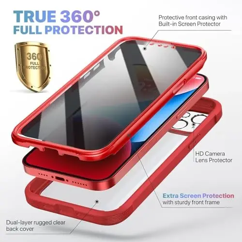Diaclara Designed for iPhone 14 Case 6.1 Inch,Upgraded Full Body Rugged Clear Bumper Case with Built-in Privacy Screen Protector for iPhone 14,Red - 4