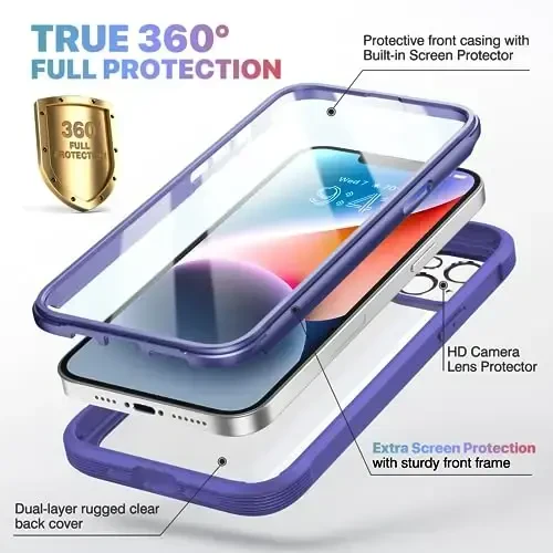 Diaclara Designed for iPhone 14 Plus Case with Belt Clip Holster, Full Body Rugged Case with Built-in Touch Sensitive Anti-Scratch Screen Protector, with Camera Lens Protector(Royal Purple) - 2