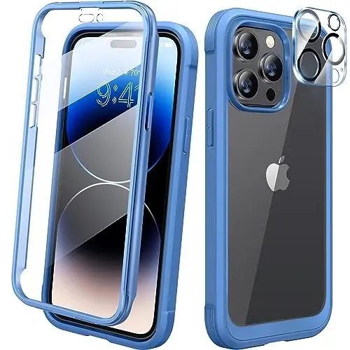 Diaclara Designed for iPhone 14 Pro Case 6.1’’, Full Body Rugged Protective Case+ Camera Lens Protector w/Built-in Touch Sensitive Anti-Scratch Screen Protector, Bumper (Blue) 