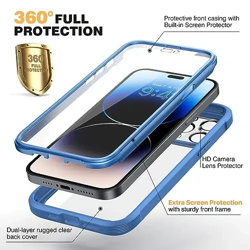 Diaclara Designed for iPhone 14 Pro Case 6.1’’, Full Body Rugged Protective Case+ Camera Lens Protector w/Built-in Touch Sensitive Anti-Scratch Screen Protector, Bumper (Blue) - DIACLARA (1)