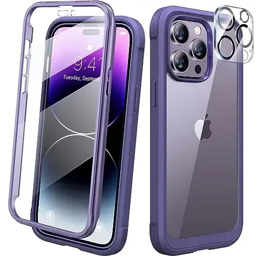 Diaclara Designed for iPhone 14 Pro Case 6.1’’, Full Body Rugged Protective Case+ Camera Lens Protector w/Built-in Touch Sensitive Anti-Scratch Screen Protector, Bumper (Royal Purple) 