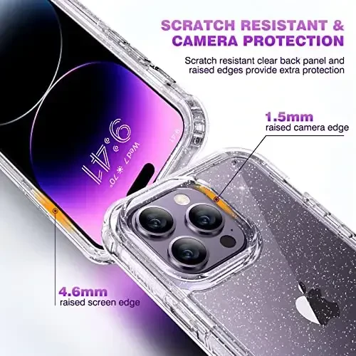 Diaclara Designed for iPhone 14 Pro Max Case 6.7’’ [2023 Upgraded], Full Body Rugged Case w/Built-in Touch Sensitive Anti-Scratch Screen Protector+9H Glass Camera Lens Protector(Clear Glitter) - 4