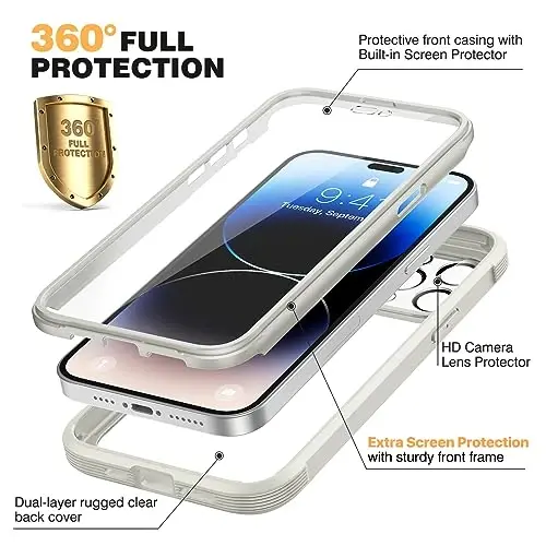Diaclara Designed for iPhone 14 Pro Max Case 6.7’’, Full Body Rugged Phone Case w/Built-in Sensitive Anti-Scratch Screen Protector+9H Tempered Glass Camera Lens Protector(White) - 2
