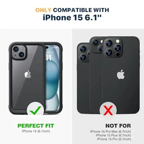 Diaclara Designed for iPhone 15 Case 6.1 Inch,Upgraded Full Body Rugged Clear Bumper Case with Built-in Privacy Screen Protector for iPhone 15,Black - 6
