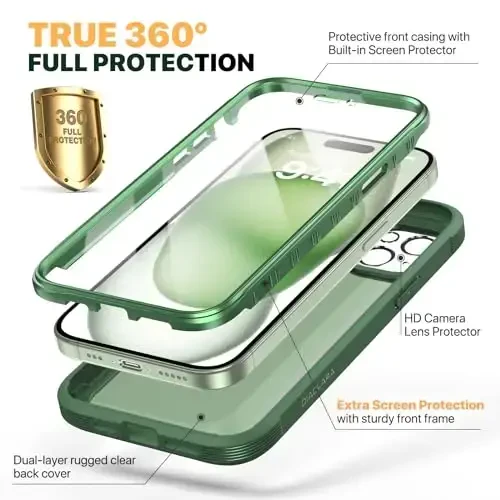Diaclara Designed for iPhone 15 Case, Full Body Rugged Case with Built-in Touch Sensitive Anti-Scratch Screen Protector, with Camera Lens Protector for iPhone 15 6.1