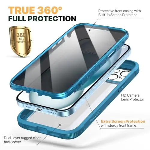 Diaclara Designed for iPhone 15 Case, Full Body Rugged Case with Privacy Built-in Touch Sensitive Anti-Scratch Screen Protector, with Camera Lens Protector for iPhone 15 6.1