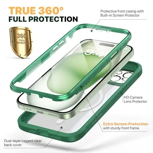 Diaclara Designed for iPhone 15 Plus Case 6.7'', [Compatible with MagSafe] Full Body Rugged Magnetic Case w/Built-in Screen Protector+Glass Camera Lens Protector,Mint Green - 2