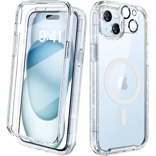 Diaclara Designed for iPhone 15 Plus Case 6.7'', [Compatible with MagSafe] Full Body Rugged Magnetic Case w/Built-in Sensitive Anti-Scratch Screen Protector+Glass Camera Lens Protector,Clear Glitter - DIACLARA