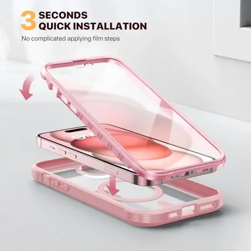 Diaclara Designed for iPhone 15 Plus Case 6.7'', [Compatible with MagSafe] Full Body Rugged Magnetic Case w/Built-in Sensitive Anti-Scratch Screen Protector+Glass Camera Lens Protector,Coral Pink - 5