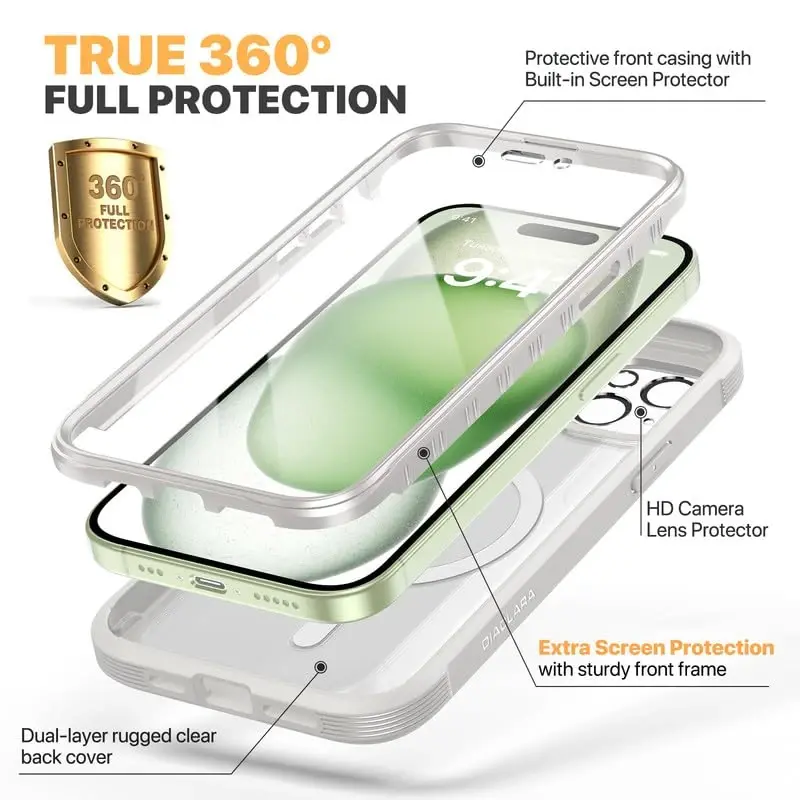 Diaclara Designed for iPhone 15 Plus Case 6.7'', [Compatible with MagSafe] Full Body Rugged Magnetic Case w/Built-in Sensitive Anti-Scratch Screen Protector+Glass Camera Lens Protector,White-Magnetic - 1