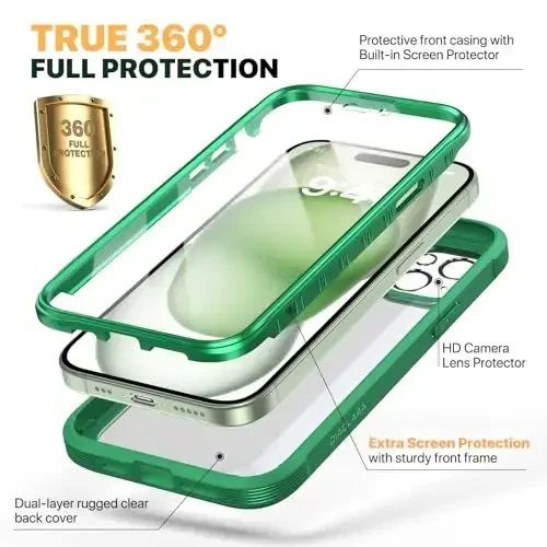 Diaclara Designed for iPhone 15 Plus Case 6.7 Inch, Full-Body Clear Bumper Cases w/Built-in Screen Protector, 360 Protective Rugged Case + Glass Camera Lens Protector,Mint Green - 2