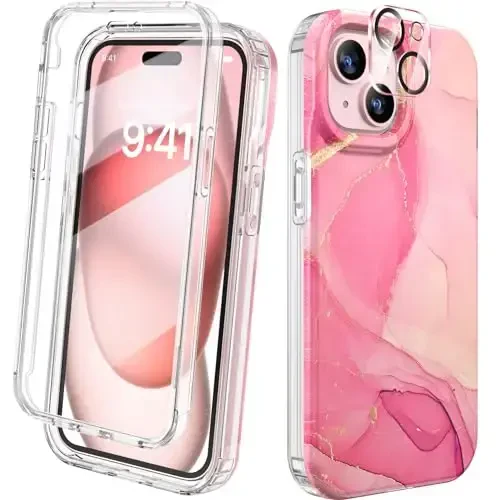 Diaclara Designed for iPhone 15 Plus Case 6.7 Inch, Full Body Rugged Case with Built-in Touch Sensitive Anti-Scratch Screen Protector + Glass Camera Lens Protector for iPhone 15 Plus,Water Pink 