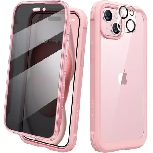 Diaclara Designed for iPhone 15 Plus Case 6.7 Inch,Upgraded Full Body Rugged Clear Bumper Case with Built-in Privacy Screen Protector for iPhone 15 Plus,Pink 