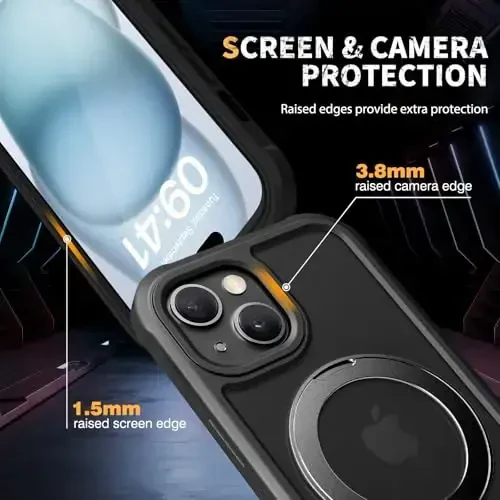 Diaclara Designed for iPhone 15 Plus Case 6.7'', Shockproof Full Body Rugged Case with Built-in Screen Protector + Ring Stand, Black - 6