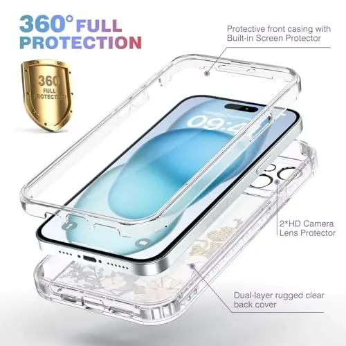 Diaclara Designed for iPhone 15 Plus Clear Flower Butterfly Phone Case 6.7’’, Full Body Rugged Cover w/Built-in Screen Protector+ GlassCamera Lens Protector(Butterfly) - 2