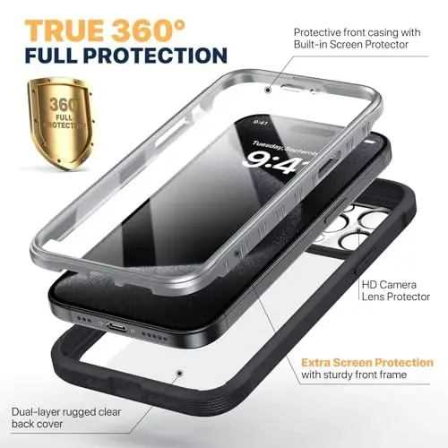 Diaclara Designed for iPhone 15 Pro Case, [Military-Grade Drop Proof] Full-Body Bump Case with Built-in Shockproof Screen Protector, [Camera Lens Protector] Phone Cover for iPhone 15 Pro 6.1