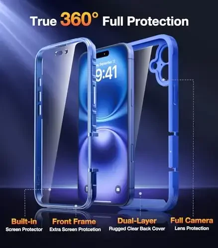 Diaclara Designed for iPhone 16 Case, Full Body Rugged Case with Built-in Touch Sensitive Anti-Scratch Screen Protector, Upgraded [Full Camera Protection] for iPhone 16 6.1