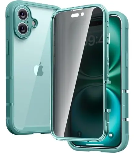 Diaclara Designed for iPhone 16 Plus Case 6.7 Inch,Upgraded [Full Camera Protection] Full Body Rugged Clear Bumper Case with Built-in Privacy Screen Protector for 16 Plus,Green 