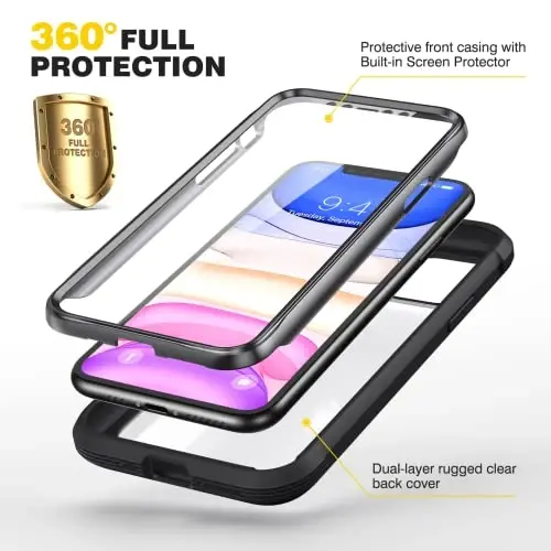 Diaclara iPhone 11 uchun mos keladigan g'ilof, to'liq korpusli, o'rnatilgan sensorli tirnalishga qarshi ekran himoyachisi, yumshoq TPU bamperli shaffof g'ilof iPhone 11 6.1