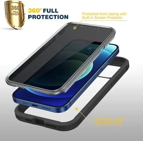 Diaclara Designed for iPhone 12 Mini Case, Full Body Rugged with Built-in Touch Sensitive Anti-Scratch Privacy Screen Protector, Soft TPU Bumper Case for iPhone 12 Mini 5.4