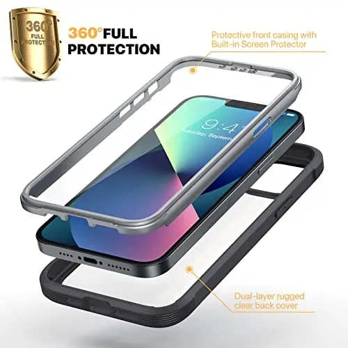 Diaclara Designed for iPhone 13 Case, Full Body Rugged with Built-in Touch Sensitive Anti-Scratch Screen Protector, Soft TPU Bumper Case for iPhone 13 6.1