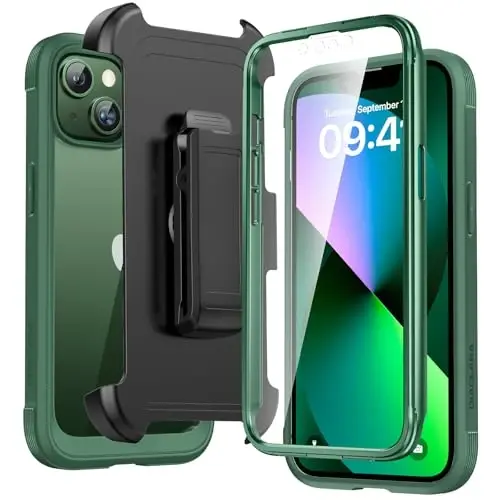 Diaclara iPhone 13 uchun mo'ljallangan g'ilof 6.1 dyuym, kamar qisqichi bilan, yangilangan [To'liq kamera himoyasi] To'liq korpusli mustahkam shaffof bamper g'ilofi o'rnatilgan ekran himoyachisi bilan, to'q yashil 
