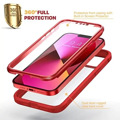 Diaclara iPhone 13 uchun mo'ljallangan g'ilof, o'rnatilgan sensorli ekran himoyachisi bilan to'liq korpusli mustahkam himoya, iPhone 13 6.1