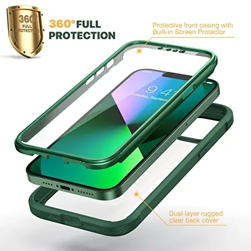 Diaclara iPhone 13 uchun mo'ljallangan g'ilof, o'rnatilgan sensorli ekranga ega to'liq korpusli, tirnalishga qarshi himoya, iPhone 13 6.1