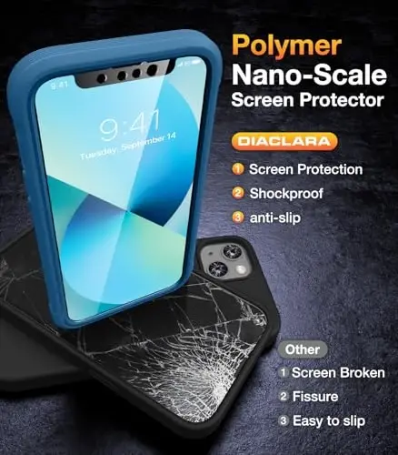 Diaclara iPhone 13 uchun mo'ljallangan g'ilof, o'rnatilgan sensorli tirnalishga qarshi ekran himoyachisi bilan to'liq korpusli, iPhone 13 6.1