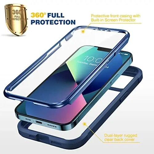 Diaclara iPhone 13 uchun mo'ljallangan g'ilof, to'liq korpusli, o'rnatilgan sensorli tirnalishga qarshi ekran himoyachisi, iPhone 13 6.1