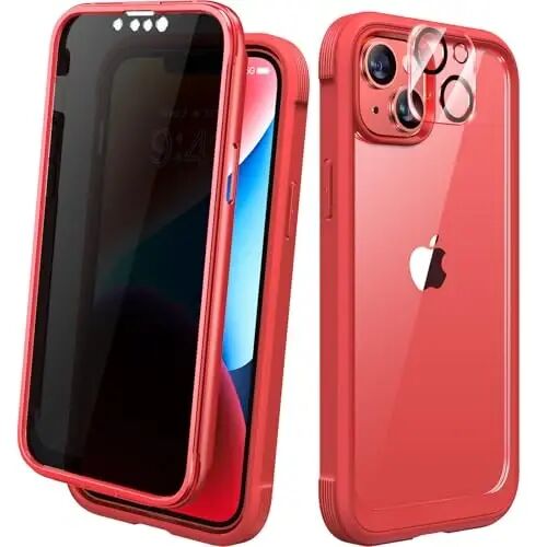 Diaclara Designed for iPhone 14 Case 6.1 Inch,Upgraded Full Body Rugged Clear Bumper Case with Built-in Privacy Screen Protector for iPhone 14,Red - DIACLARA
