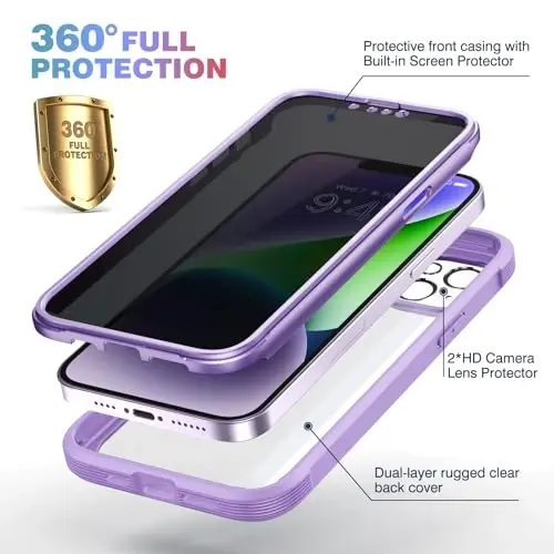 Diaclara Designed for iPhone 14 Case 6.1 Inch,Upgraded Full Body Rugged Clear Bumper Case with Built-in Privacy Screen Protector for iPhone 14,Purple - 2