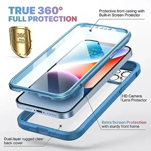 Diaclara iPhone 14 Plus uchun moʻljallangan gʻilof, oʻrnatilgan sensorli tirnalishga qarshi ekran himoyachisi bilan toʻliq korpusli mustahkam gʻilof, iPhone 14 Plus 6.7