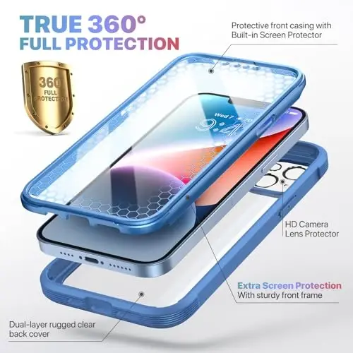 Diaclara iPhone 14 Plus uchun moʻljallangan gʻilof, oʻrnatilgan sensorli tirnalishga qarshi ekran himoyachisi bilan toʻliq korpusli mustahkam gʻilof, iPhone 14 Plus 6.7