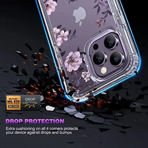 Diaclara iPhone 14 Pro Max 6.7 dyuymli g‘ilofi uchun mo‘ljallangan, to‘liq korpusli mustahkam telefon g‘ilofi, o‘rnatilgan sezgir tirnalishga qarshi ekran himoyachisi+9H temperlangan shisha kamera linzalari himoyachisi (Shaffof gul) - 3