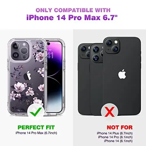 Diaclara iPhone 14 Pro Max 6.7 dyuymli g‘ilofi uchun mo‘ljallangan, to‘liq korpusli mustahkam telefon g‘ilofi, o‘rnatilgan sezgir tirnalishga qarshi ekran himoyachisi+9H temperlangan shisha kamera linzalari himoyachisi (Shaffof gul) - 7