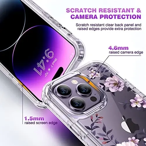 Diaclara iPhone 14 Pro Max 6.7 dyuymli g‘ilofi uchun mo‘ljallangan, to‘liq korpusli mustahkam telefon g‘ilofi, o‘rnatilgan sezgir tirnalishga qarshi ekran himoyachisi+9H temperlangan shisha kamera linzalari himoyachisi (Shaffof gul) - 4