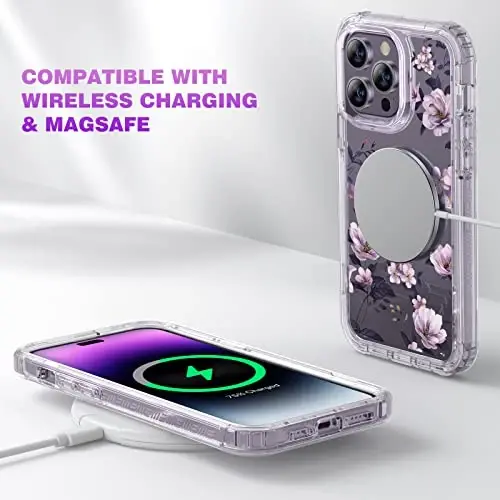 Diaclara iPhone 14 Pro Max 6.7 dyuymli g‘ilofi uchun mo‘ljallangan, to‘liq korpusli mustahkam telefon g‘ilofi, o‘rnatilgan sezgir tirnalishga qarshi ekran himoyachisi+9H temperlangan shisha kamera linzalari himoyachisi (Shaffof gul) - 5