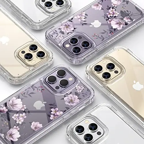 Diaclara iPhone 14 Pro Max 6.7 dyuymli g‘ilofi uchun mo‘ljallangan, to‘liq korpusli mustahkam telefon g‘ilofi, o‘rnatilgan sezgir tirnalishga qarshi ekran himoyachisi+9H temperlangan shisha kamera linzalari himoyachisi (Shaffof gul) - 6