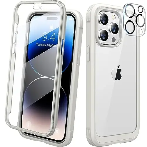 Diaclara Designed for iPhone 14 Pro Max Case 6.7’’, Full Body Rugged Phone Case w/Built-in Sensitive Anti-Scratch Screen Protector+9H Tempered Glass Camera Lens Protector(White) 