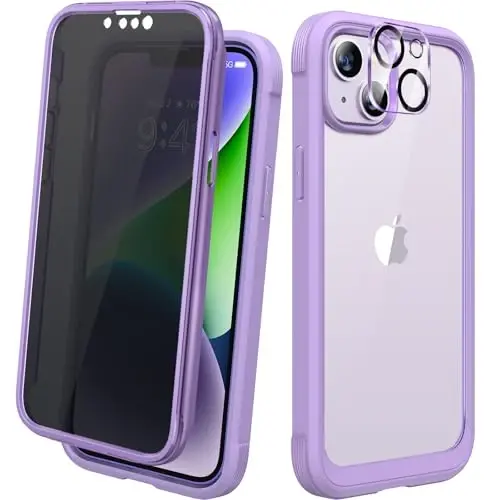 Diaclara iPhone 14 uchun mo'ljallangan g'ilof 6.1 dyuym, iPhone 14 uchun o'rnatilgan maxfiylik ekran himoyachisi bilan to'liq korpusli mustahkam shaffof bamper g'ilof, binafsha - DIACLARA