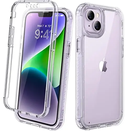 Diaclara iPhone 14 uchun mo'ljallangan g'ilof, o'rnatilgan sensorli tirnalishga qarshi ekran himoyachisi bilan to'liq korpusli mustahkam g'ilof, iPhone 14 6.1