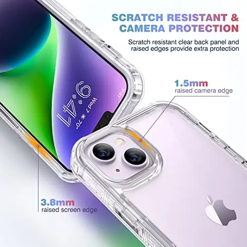 Diaclara iPhone 14 uchun mo'ljallangan g'ilof, o'rnatilgan sensorli tirnalishga qarshi ekran himoyachisi bilan to'liq korpusli mustahkam g'ilof, iPhone 14 6.1