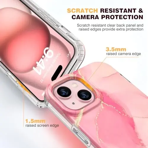 Diaclara Designed for iPhone 15 Plus Case 6.7 Inch, Full Body Rugged Case with Built-in Touch Sensitive Anti-Scratch Screen Protector + Glass Camera Lens Protector for iPhone 15 Plus,Water Pink - 5