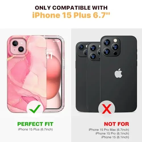 Diaclara Designed for iPhone 15 Plus Case 6.7 Inch, Full Body Rugged Case with Built-in Touch Sensitive Anti-Scratch Screen Protector + Glass Camera Lens Protector for iPhone 15 Plus,Water Pink - 12